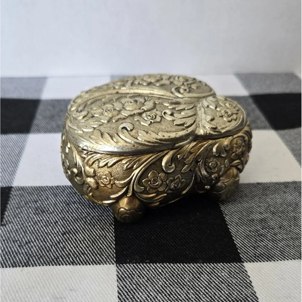 Silver Tone Hinged Trinket Jewelry Box Red Felt Lined Rose Pattern Made in Japan